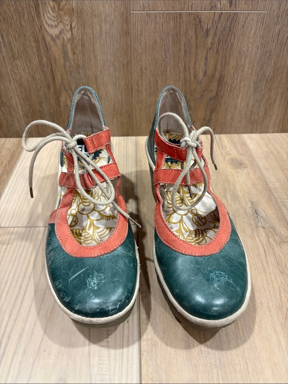 Fly London Green Coral Lace-Up Leather Mary Jane Wedge Shoes Cottage Core 37